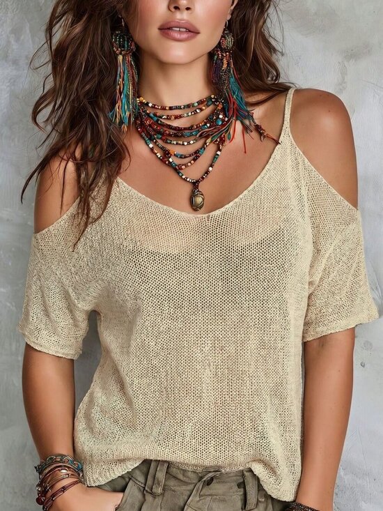 Tops - Apricot Casual Women's Crochet Cold Shoulder Sleeveless Crop Top Loose Elegant